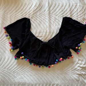 SHEIN Black Crop Top with Colorful Pom Poms
